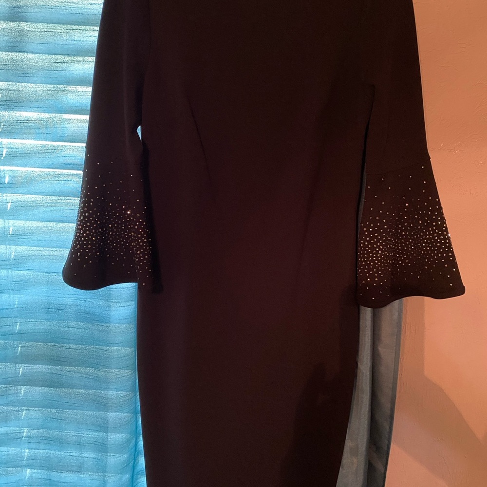 Calvin Klein Black Dress with Embellished Rhinestone Bell Sleeves